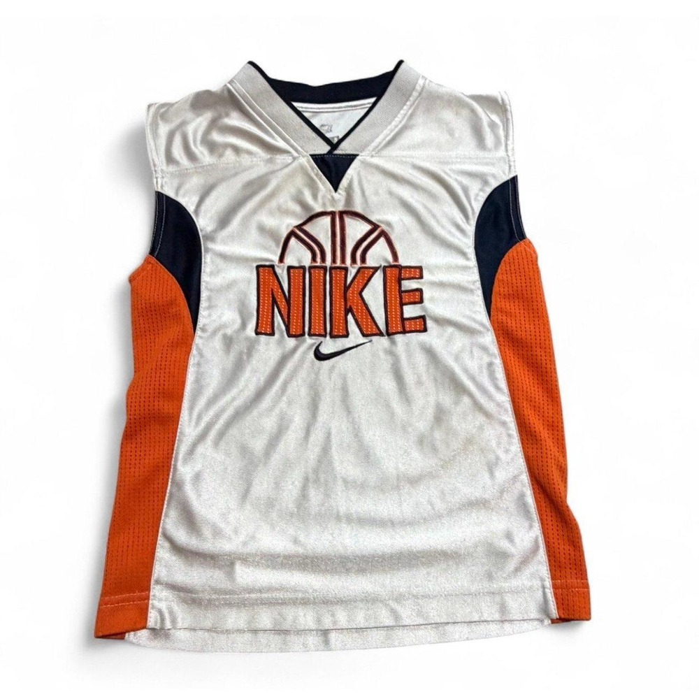 Nike Boys Size 5 Basketball Jersey Shirt White Orange Navy Sleeveless